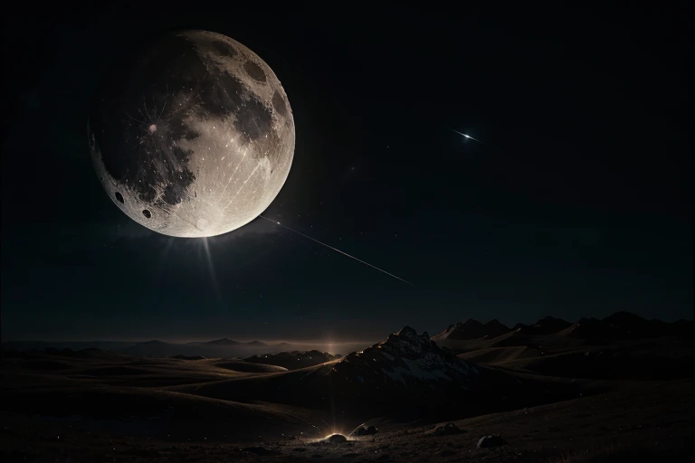 Generate an atmospheric scene where the moon illuminates a tranquil night, casting its soft glow on a celestial dance of meteors and distant asteroids.