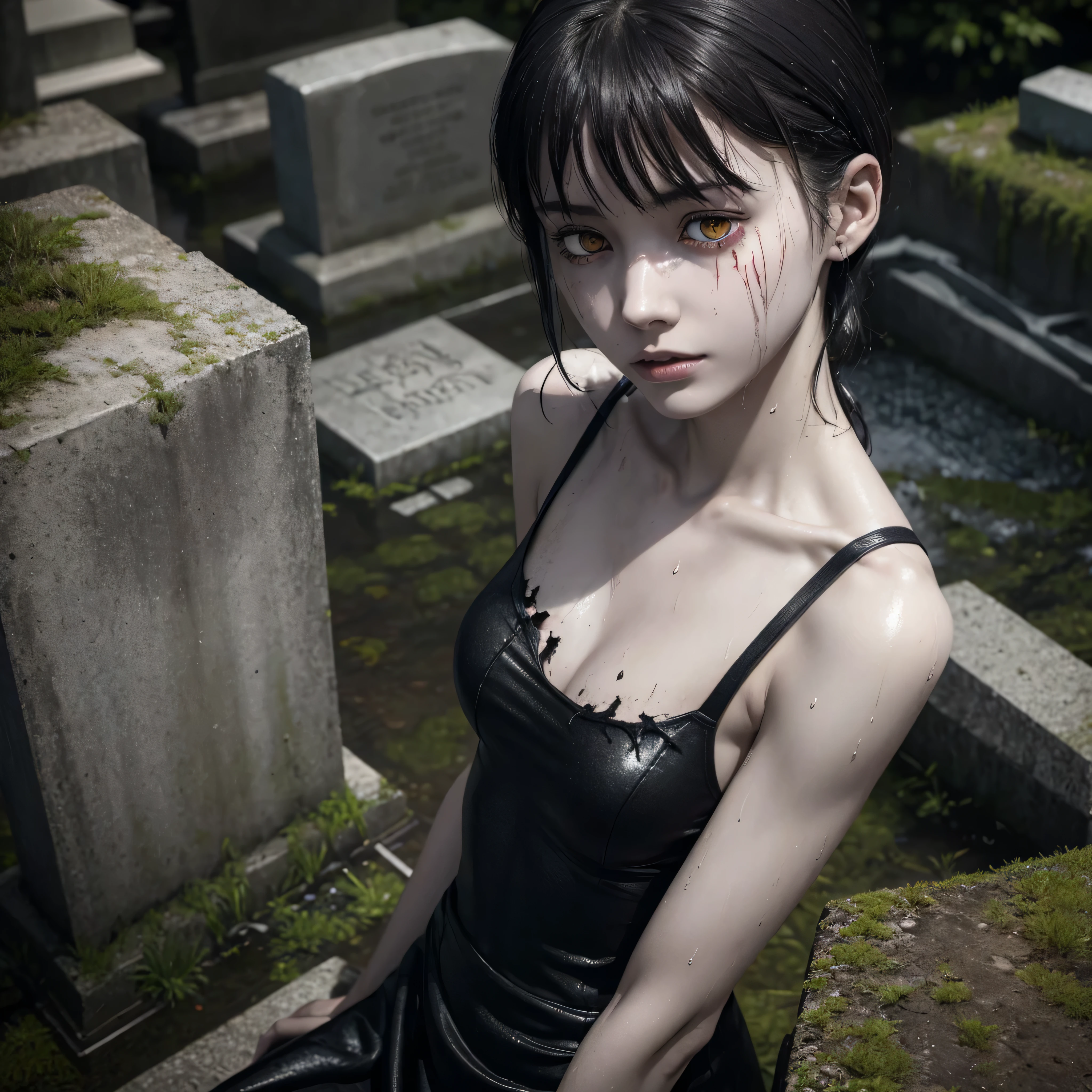 1 girl, solo, wet skin, sinister, female, thin, pale, looking at the camera, ultra realistic, fully detailed, cemetery environment, bright eyes, black dress torn and stained with blood,  putrid wounds, , terrifying, bruised by the body, exposed fracture in the collarbone, slight smile, super detailed, black short hair,