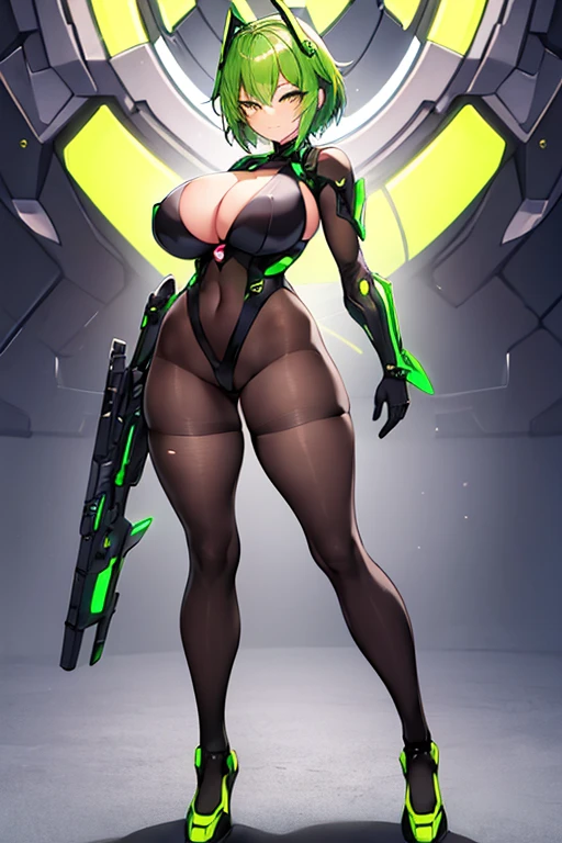1girl, green hair, very short hair, large breasts, breasts, wide hips, yellow eyes, smirk, smug, smile, bodysuit, black bodysuit, sleeveless, black pantyhose, pantyhose, shoes, futuristic, ((futuristic)), tech, machinery, science-fiction, full body, ((full body)), neon trim