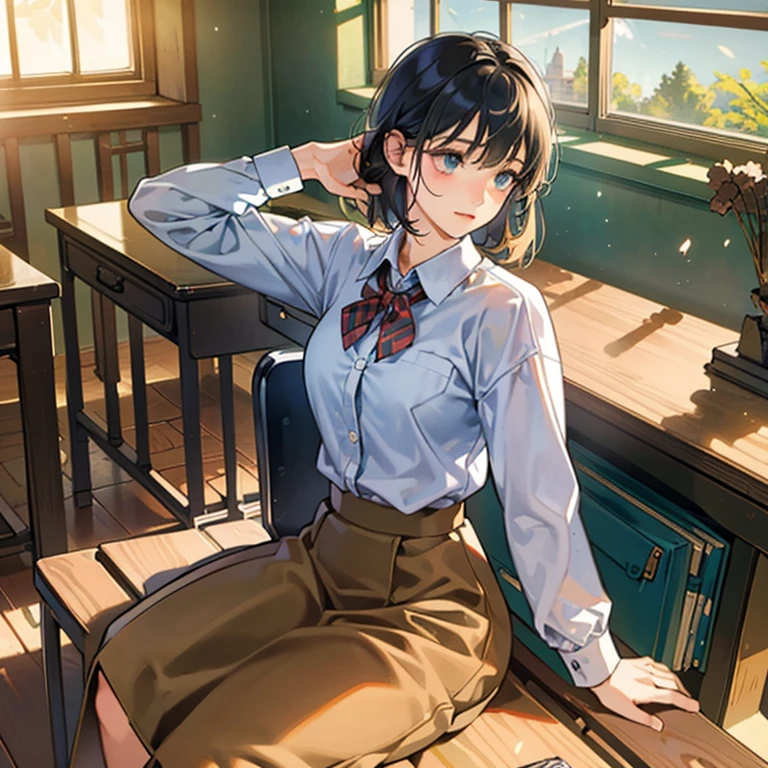 Best quality, realistic, empty school, classroom, library, detailed texture, vibrant colors, natural lighting, quiet atmosphere, neat desks and chairs, shelves filled with books, peaceful ambiance, clean windows, wooden floor, organized bookshelves, open windows, scattered sunlight, calm and serene environment