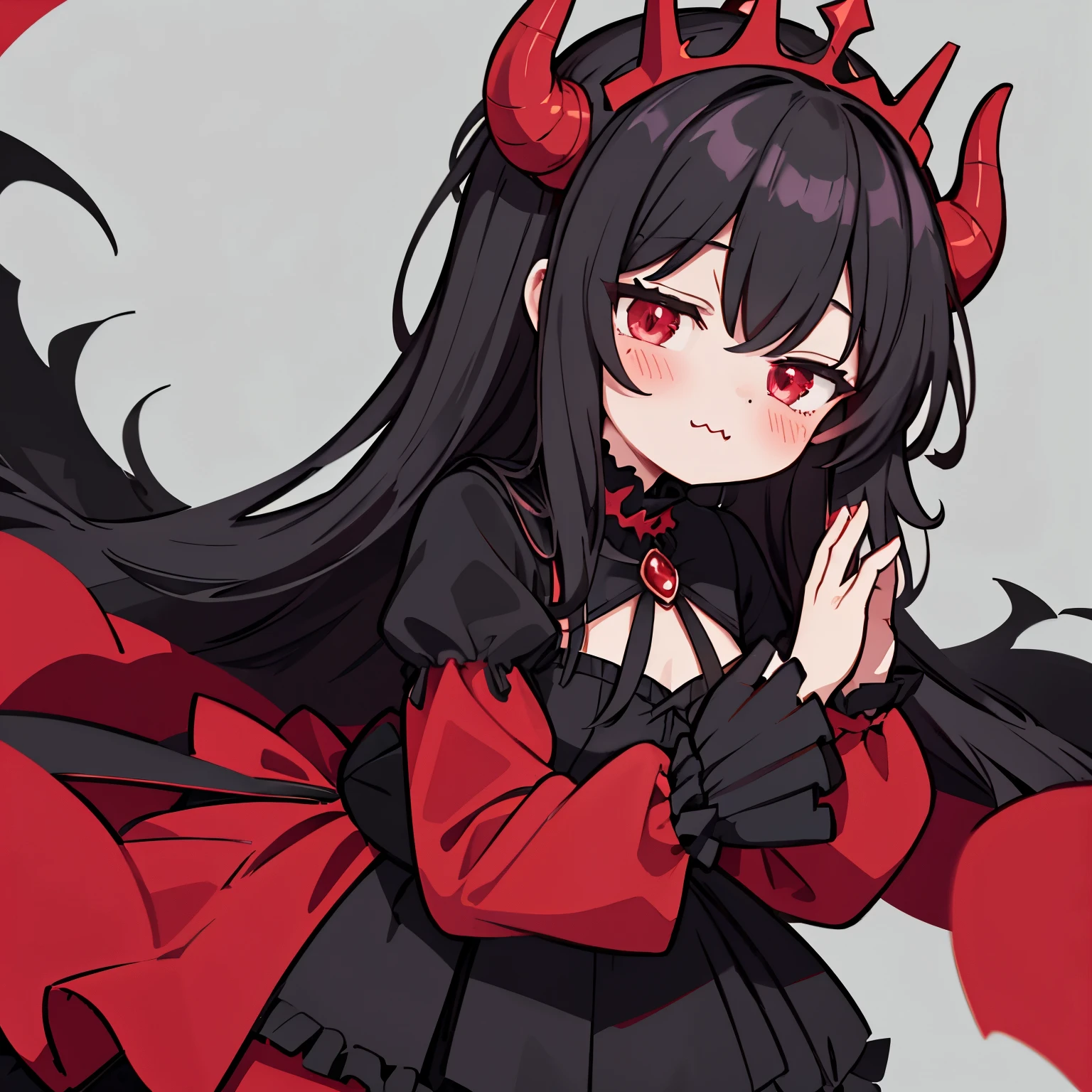 1girl,Fantasy Devil King Black Tiara Black and Red Long Layered Ruffle Dress Long Sleeves,Kawaii,:3,