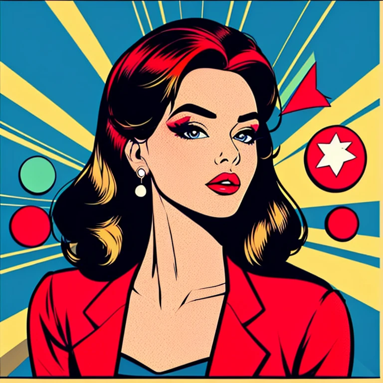 Hoja de personaje de secretaria sexy con estilo popart, La protagonista es lola, a flawless looking woman with brown hair, ojos expresivos delineados y labios rojos intensos. Viste un uniforme de secretaria con una falda corta y una camisa escotada con elementos modernos, utilizando colores vibrantes como el rojo, blanco y negro. different poses and angles