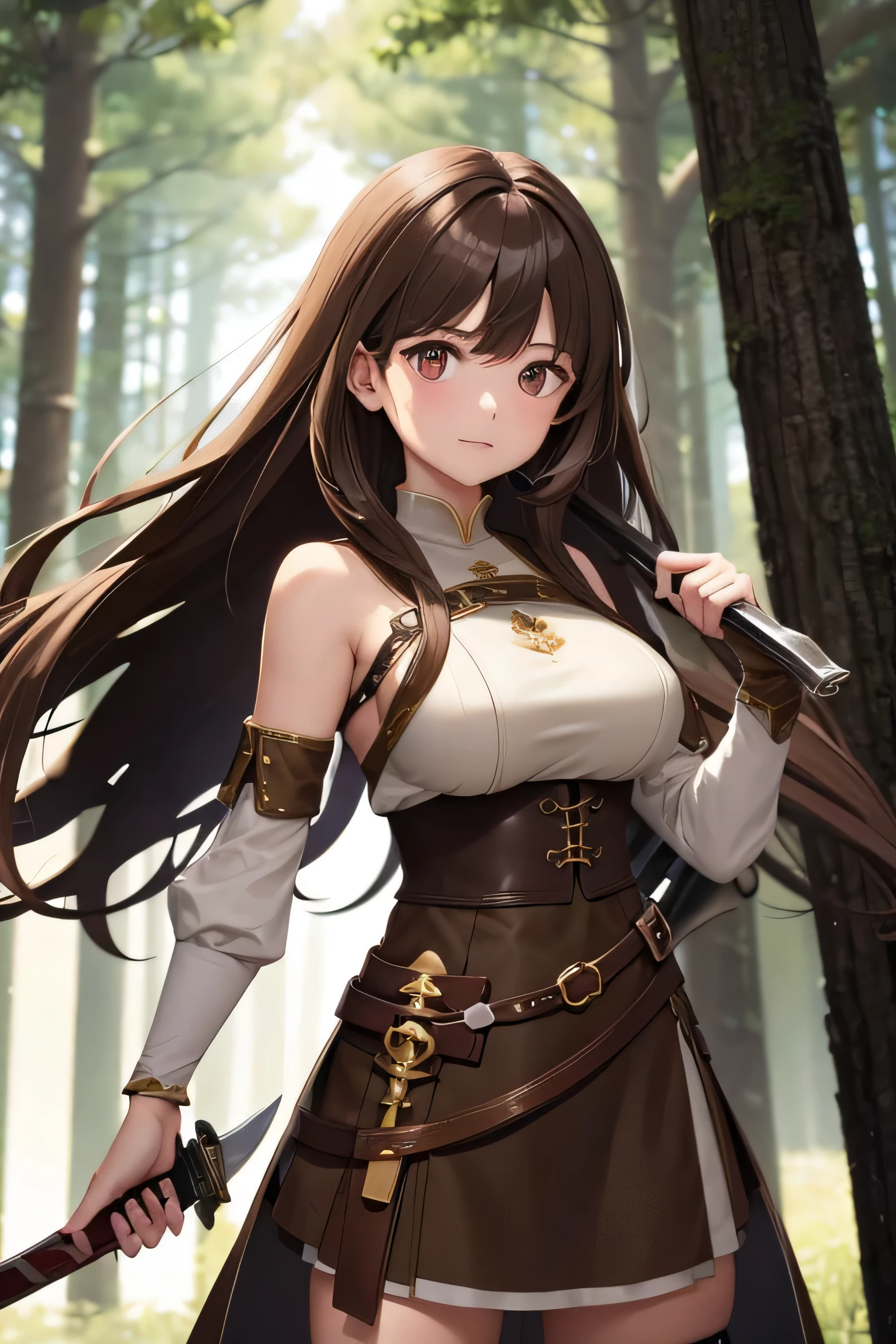 brown hair, brown eyes, tunic, brown skirt, large breasts, holding a sword, forest backround
