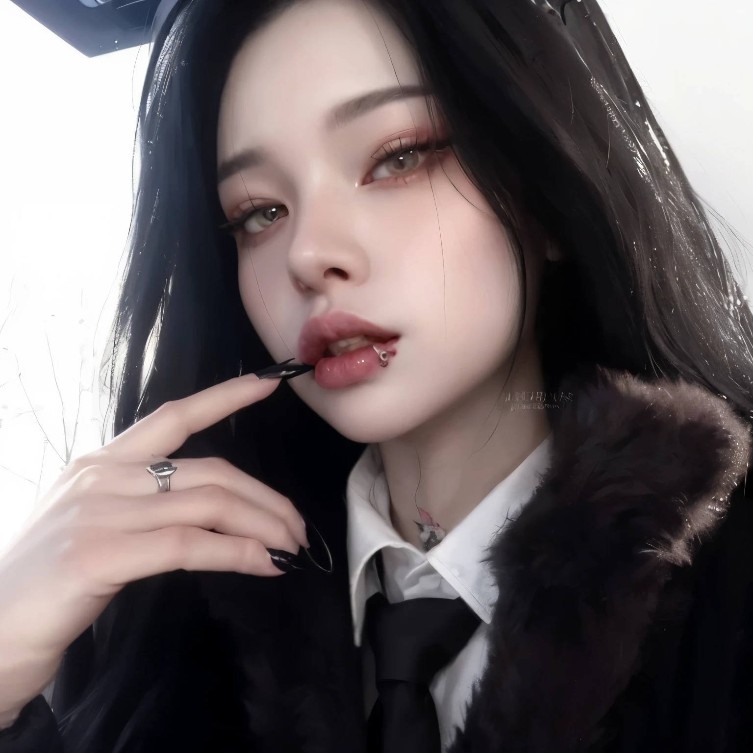 there is a woman with long black hair wearing a black coat and tie, cruel korean goth girl, artwork in the style of guweiz, ulzzang, 1 7 - year - old anime goth girl, pale snow white skin, goth girl aesthetic, pale goth beauty, 🤤 girl portrait, guweiz, realistic anime artstyle, anime realism style