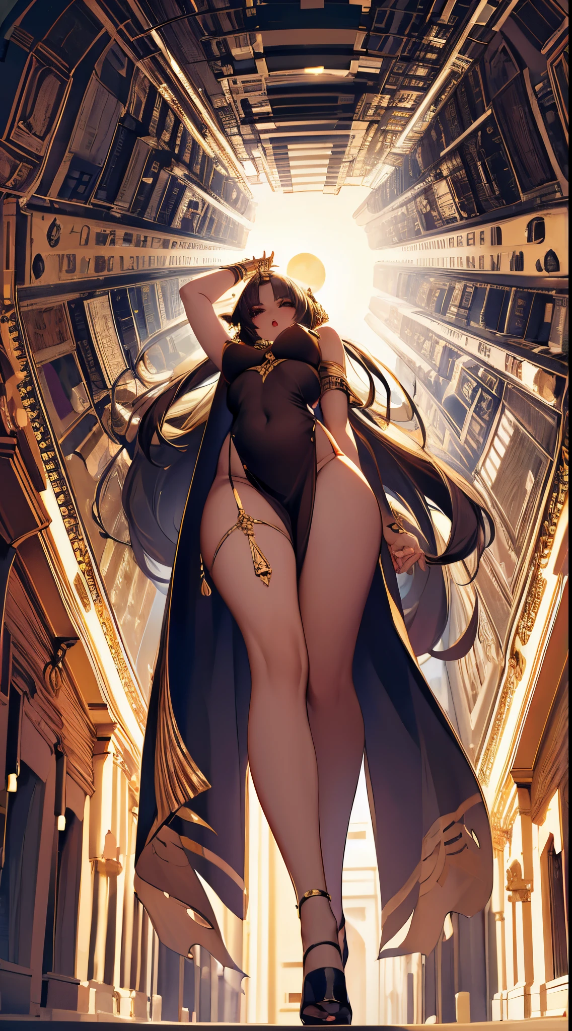 ((worm's eye view)) Egyptian goddess in lingerie, moden ao Dai, full body, perfect anatomy, chiaroscuro centered, dynamic, highly detailed, masterpiece, high quality, high Res,