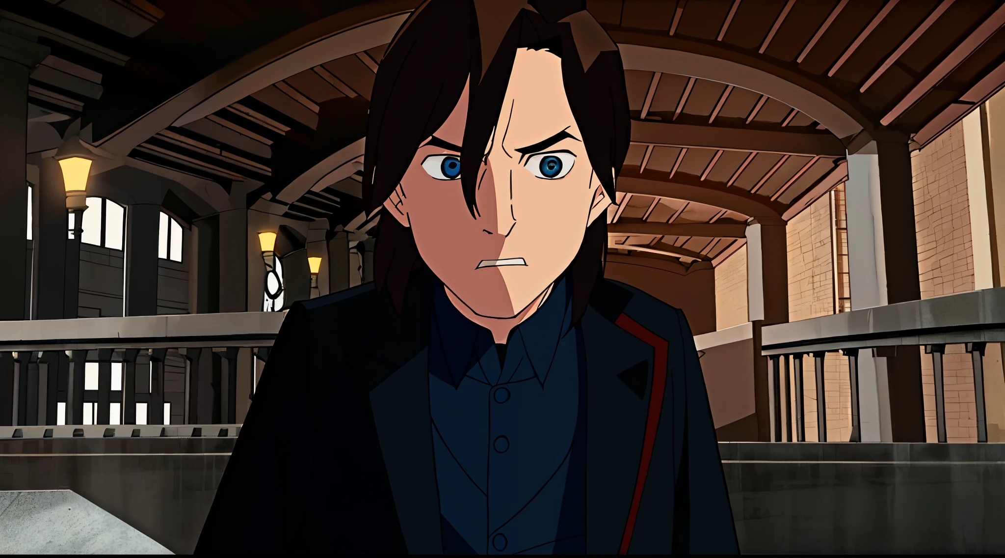 there is a boy in a black coat and tie standing in front of a bridge, harry, max dennison, movie screencap, harry potter movie screenshot, peter parker, similar to malfoy, ron, alejandro, opening scene, peter, he has a devastated expression, he has short curly brown hair, severus snape, alex,ben10, blue eyes