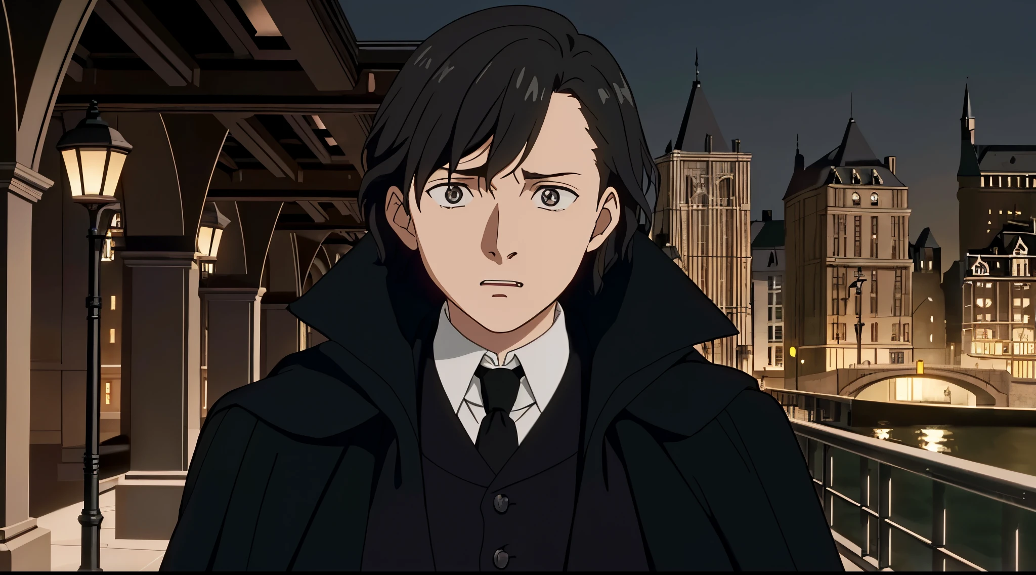 there is a boy in a black coat and tie standing in front of a bridge, harry, max dennison, movie screencap, harry potter movie screenshot, peter parker, similar to malfoy, ron, alejandro, opening scene, peter, he has a devastated expression, he has short curly brown hair, severus snape, alex
