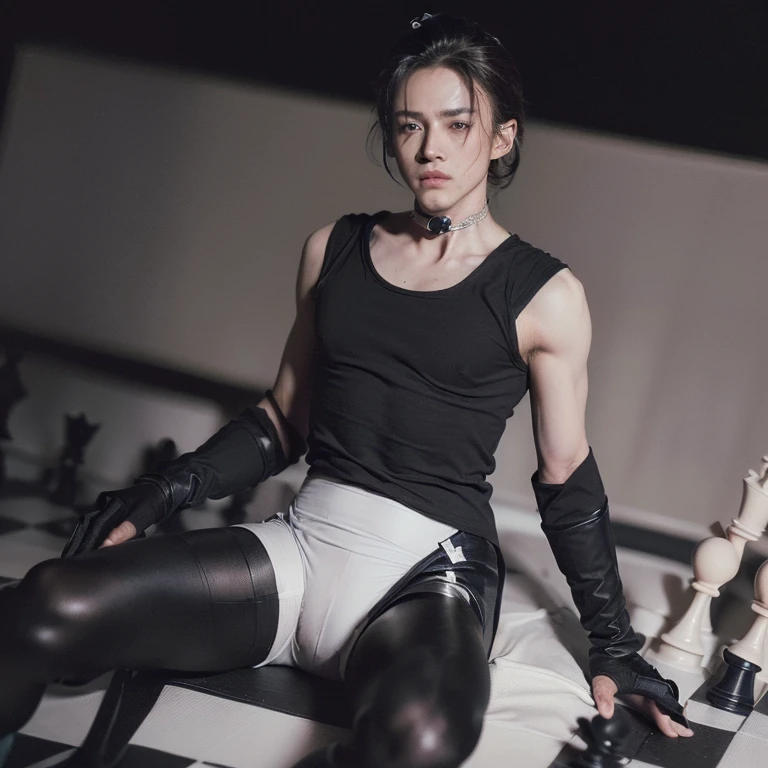 (4k, best quality, masterpiece, photo, beautiful eyes, ballet tights, crotch bulge, ballet style, looking at viewer:1.35), (androgynous male, chess ballet, checkmate, you played black and lost, your black king will be castrated because you failed, groin pain, imminent castration:1.5)