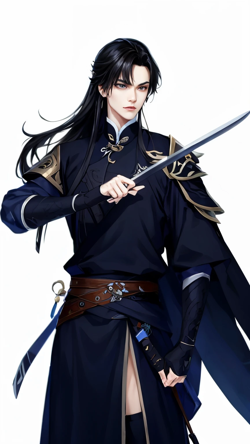 Wallpaper of boy wearing black clothes, Xianxia， The exquisite prince, Handsome guy in the art of slaying demons, Inspired by Bian Shoumin, author：Hero, swordsmen, inspired by Zhao Yuan, shirow masamune，Eye focus，详细的脸，Leather belt，white backgrounid，dynamicposes，（（Narrow sleeves））