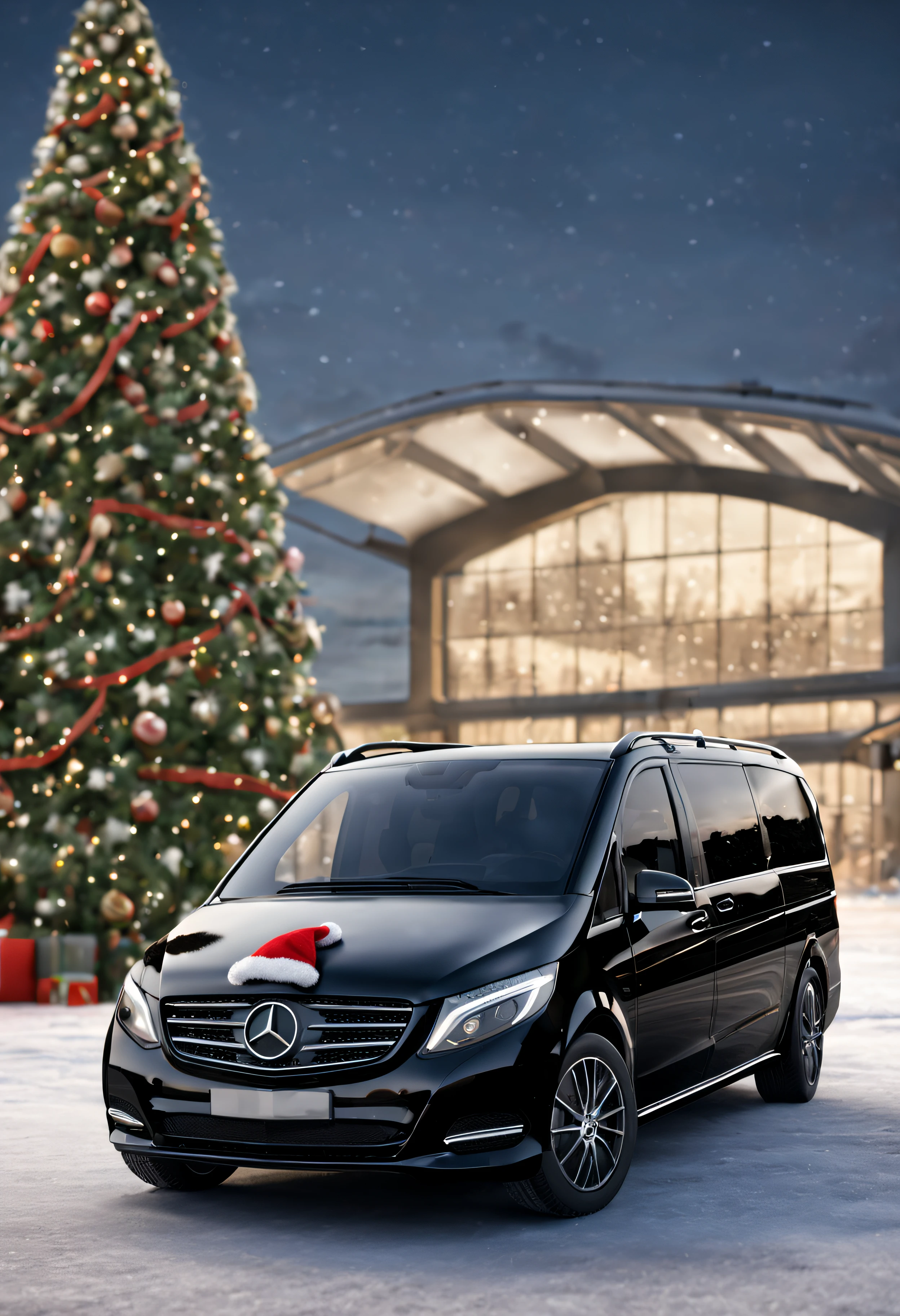 "ultra-realistic rendering of a black Mercedes minivan adorned with a festive Santa hat. The snow-covered asphalt and airport terminal background add a touch of winter , while the Christmas tree on the right creates a warm and inviting atmosphere. With the use of analog film and volumetric light, our 8k render will transport you to a world of holiday cheer."