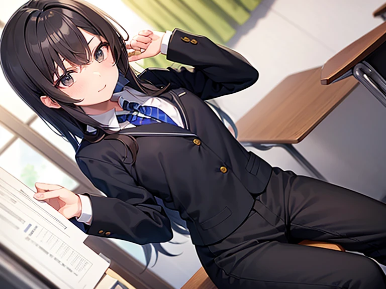 masterpiece, best quality, high quality, multi people BREAK 1boy, middle school student, school uniform, trousers, blue tie, yellow eyes, serious face, (hairstyle: straight), black hair, middle hair, hair over one eye, sleeping at the desk BREAK 1girl, (neko:1.1), maid, long brown hair, (grey eyes:1.2), sitting at desk