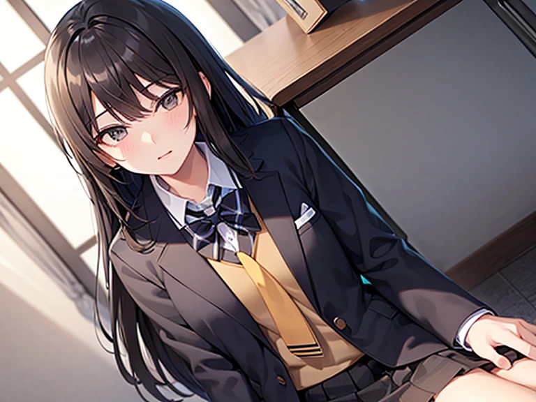 masterpiece, best quality, high quality, multi people BREAK 1boy, middle school student, school uniform, trousers, blue tie, yellow eyes, serious face, (hairstyle: straight), black hair, middle hair, hair over one eye, sleeping at the desk BREAK 1girl, (neko:1.1), maid, long brown hair, (grey eyes:1.2), sitting at desk