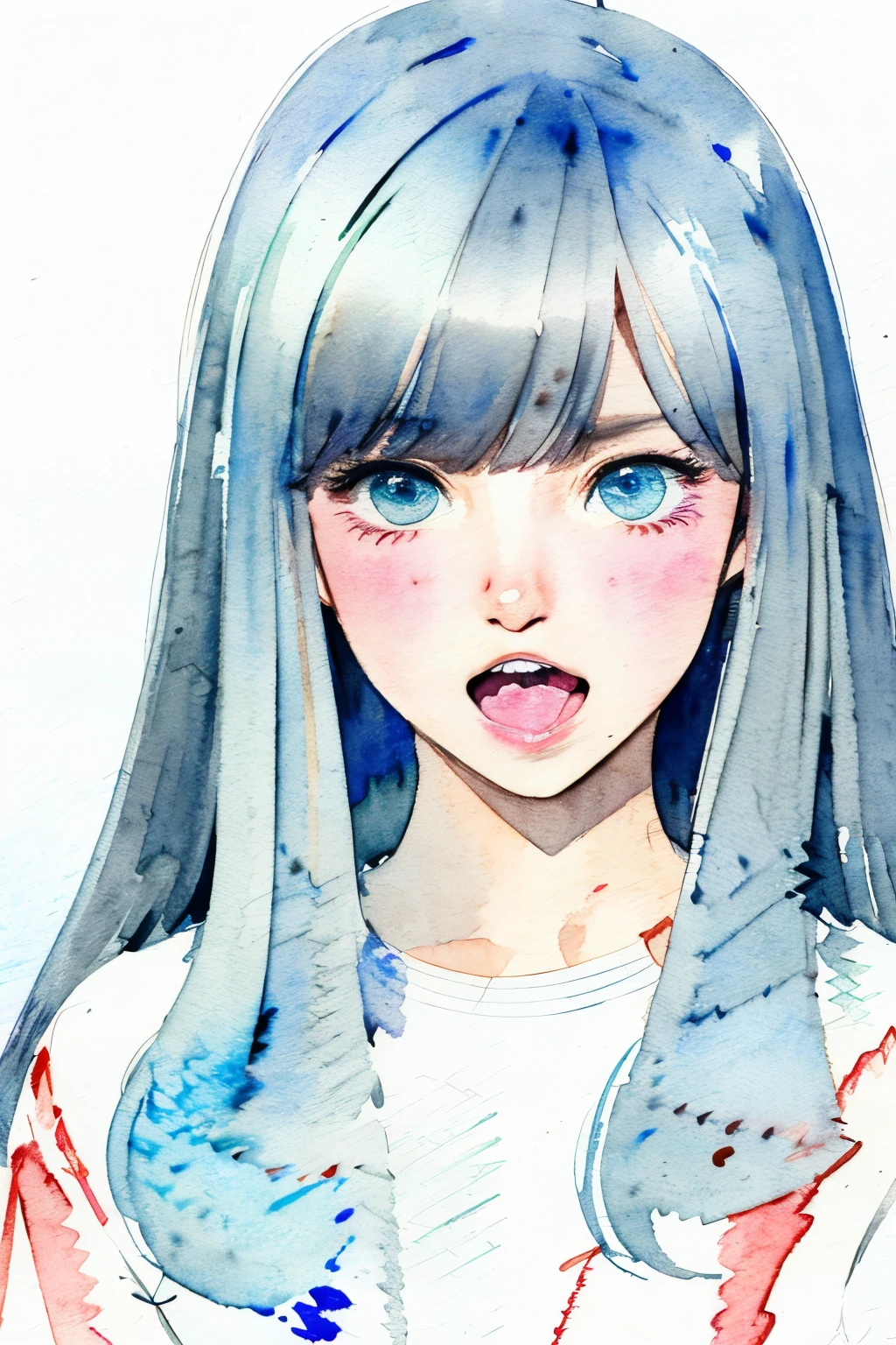 ((masterpiece)), (best quality), (ultra-detailed), best illustration, finely detail, (watercolor drawings:1.6), (hand-painted:1.2), (Watercolor brush hair), little girl, blunt bangs, feminine, (silky straight hair), (hollow eyes), (sharp teeth, open mouth wide), ruins