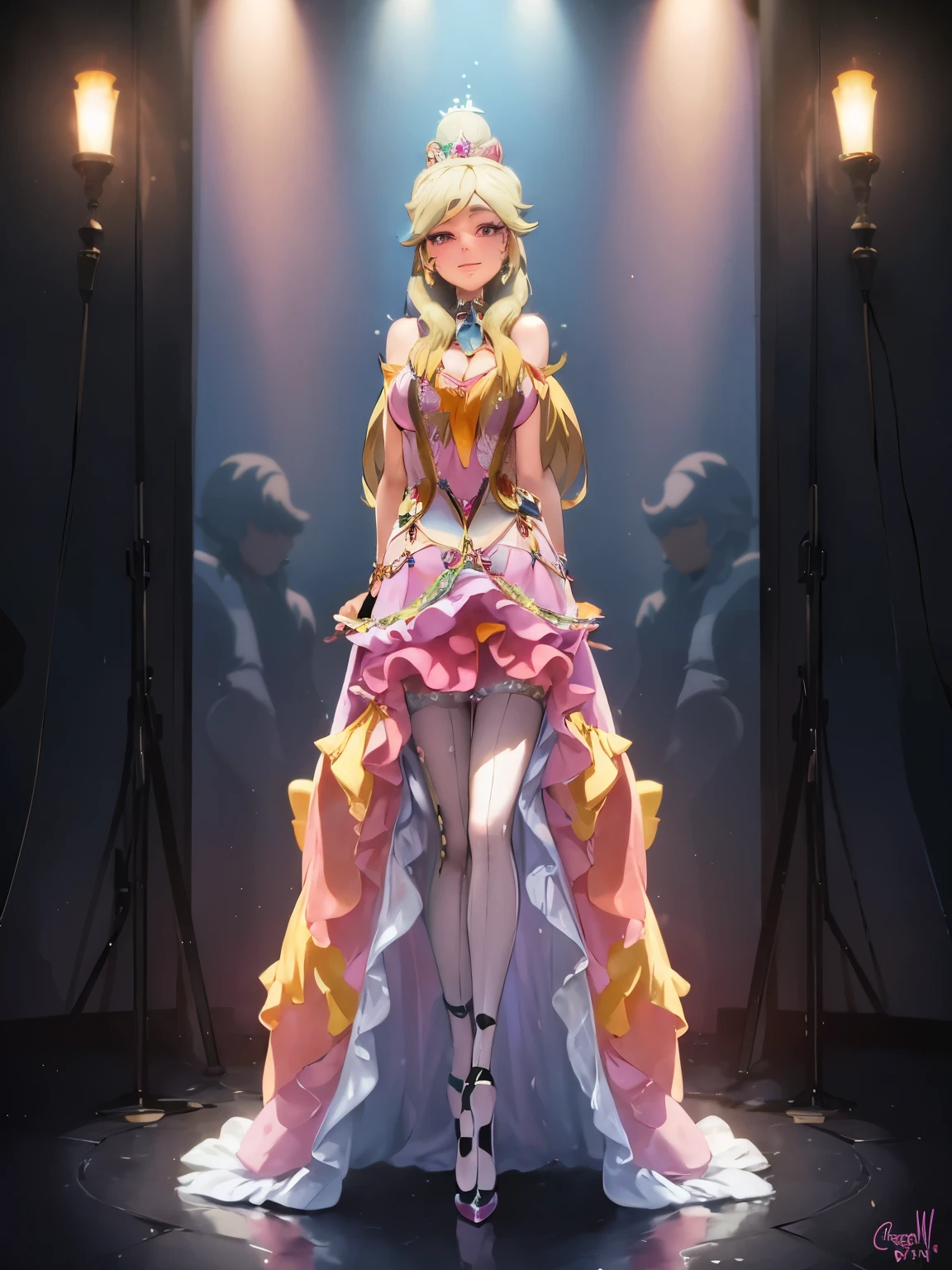 a woman in a pink dress standing on a stage with spotlights, splash art anime, dressed as a queen, anime princess, cushart krenz key art feminine, cute anime waifu in a nice dress fanart, princess peach), anime goddess, portrait of princess peach, posing as a queen, lovely queen, cow print