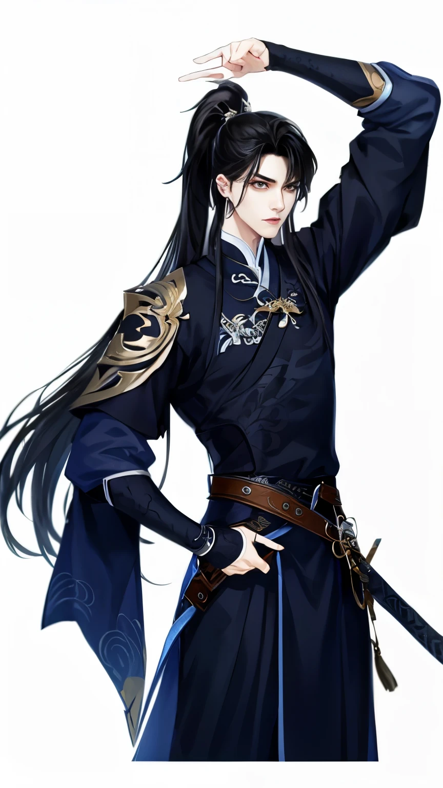 Wallpaper of boy wearing black clothes, Xianxia， The exquisite prince, Handsome guy in the art of slaying demons, Inspired by Bian Shoumin, author：Hero, swordsmen, inspired by Zhao Yuan, shirow masamune，Eye focus，详细的脸，Leather belt，white backgrounid，dynamicposes，（（Narrow sleeves））