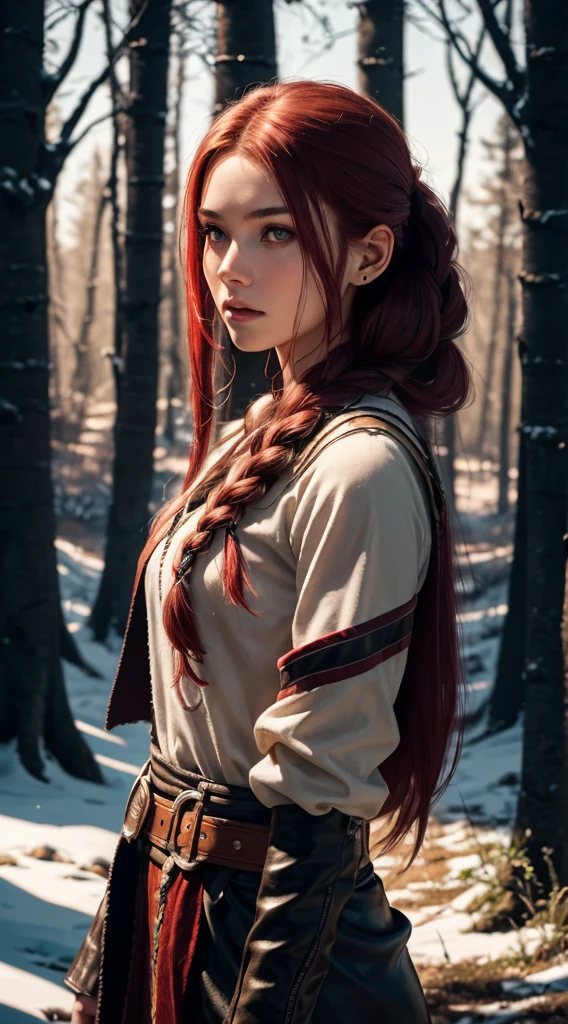 RAW, professional photograph, medium shot, photorealistic, realistic lights, realistic shadows, hyper-realistic, ray tracing, super detail, UHD, 8k, female, twenty years old, athletic body, soft facial features, long braided hair, viking hairstyle, straight hair, crimson hair, crimson eyes, viking clothing, forest in winter, sharp image