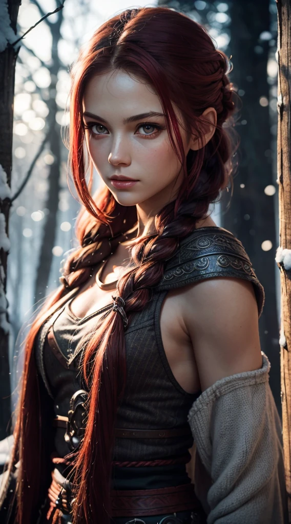 RAW, professional photograph, medium shot, photorealistic, realistic lights, realistic shadows, hyper-realistic, ray tracing, super detail, UHD, 8k, female, twenty years old, athletic body, soft facial features, long braided hair, viking hairstyle, straight hair, crimson hair, crimson eyes, viking clothing, forest in winter, sharp image