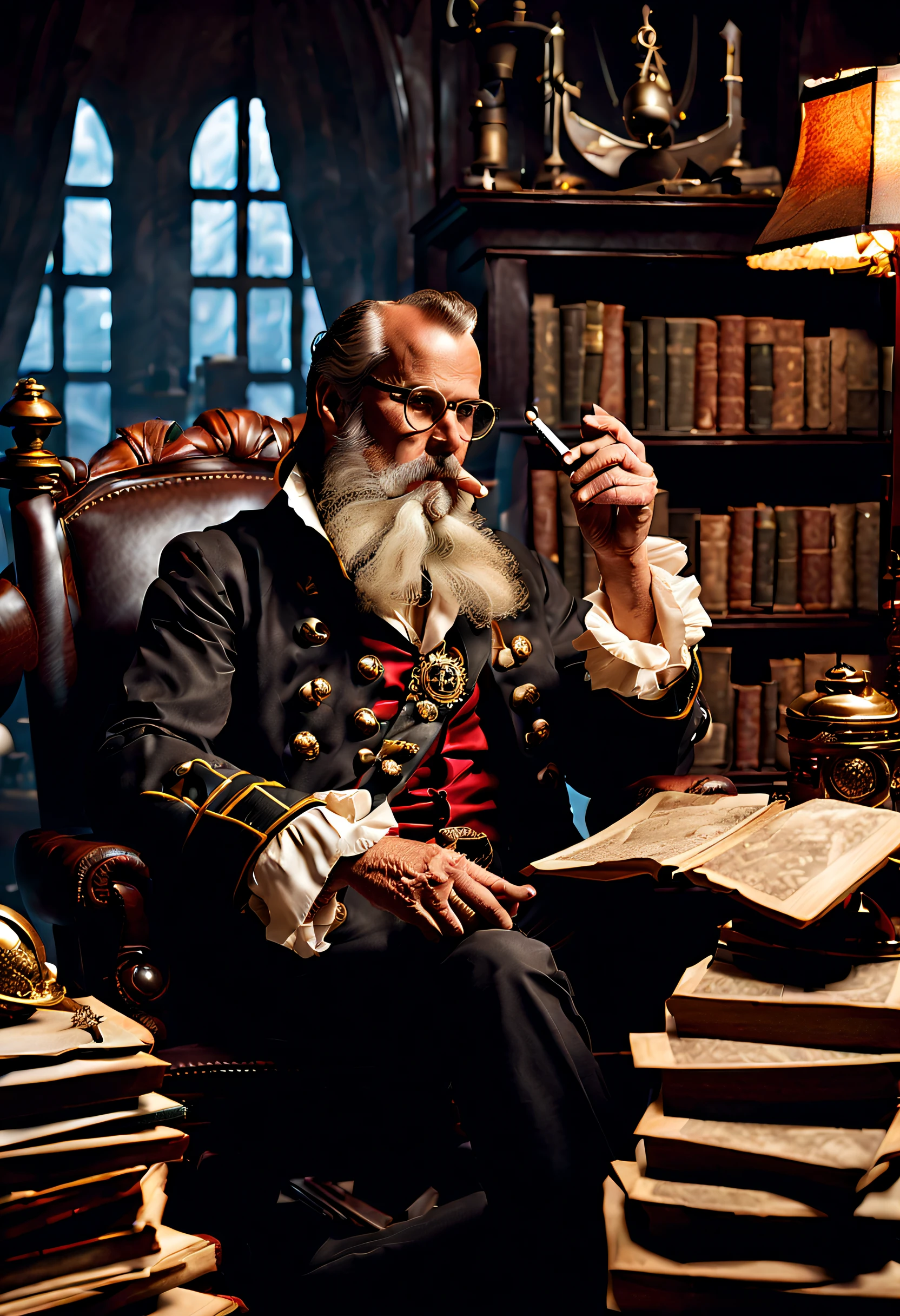 A balding Bruce Campbell as a pirate with a gray beard and glasses reclines in his study surrounded by books and nautical mementos. He is smoking a pipe which generates a slim wisp of smoke that ascends.