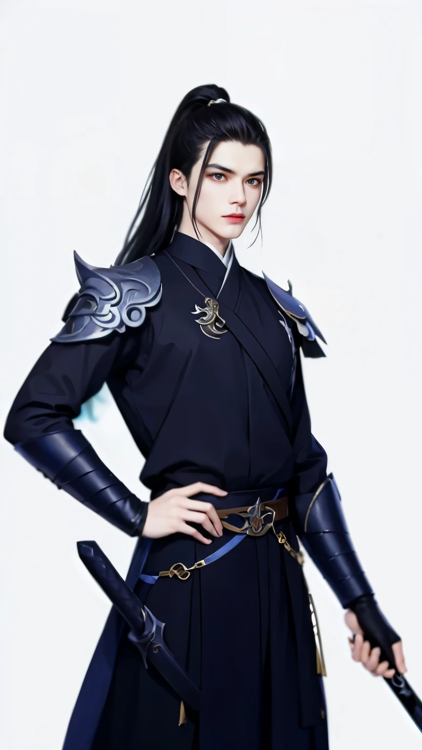 Wallpaper of boy wearing black clothes, Xianxia， The exquisite prince, Handsome guy in the art of slaying demons, Inspired by Bian Shoumin, author：Hero, swordsmen, inspired by Zhao Yuan, shirow masamune，Eye focus，详细的脸，Leather belt，white backgrounid，dynamicposes，（（Narrow sleeves）），Sword Man，knight-errant，swordsmen，