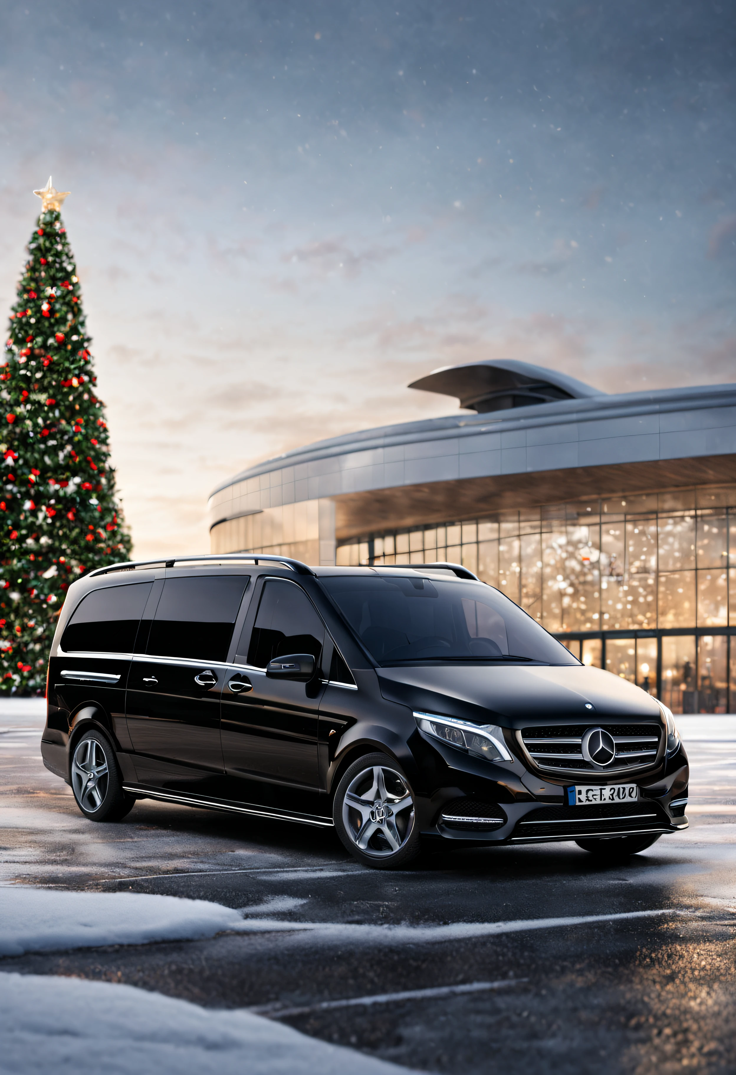 "ultra-realistic rendering of a black Mercedes minivan. The snow-covered asphalt and airport terminal background add a touch of winter , while the Christmas tree on the right creates a warm and inviting atmosphere. With the use of analog film and volumetric light, our 8k render will transport you to a world of holiday cheer."