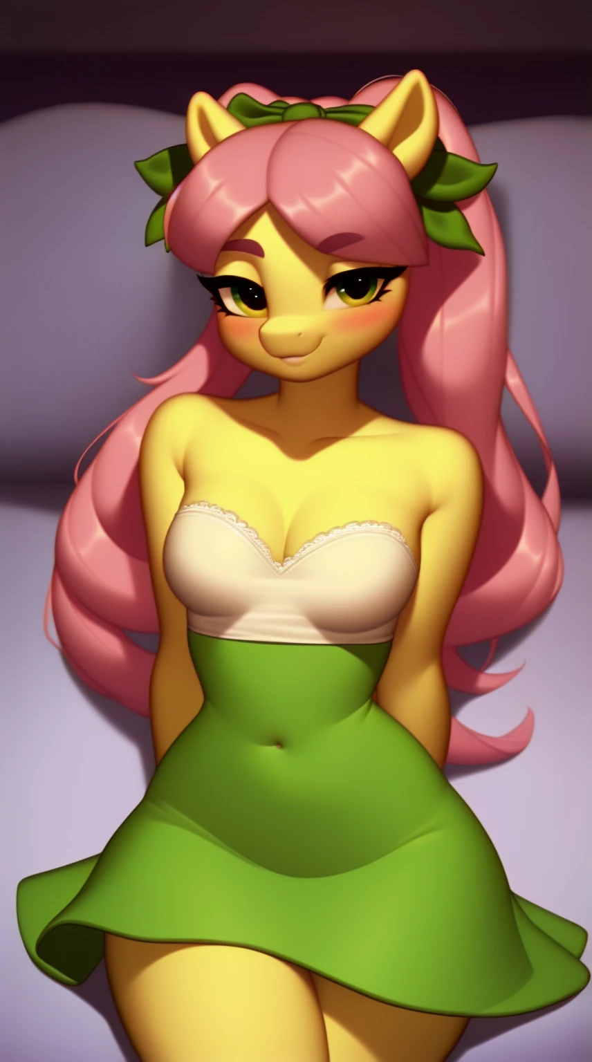 (score_9), (source_pony), (solo), ((anthro posey bloom1.1)), (strapless white tube dress), sexy, blushing, seductive look, long flowing hair in ponytail, lidded eyes, seductive pose, smug, bedroom eyes, anatomically correct, small breasts, half body, solo, hourglass figure, curvy, plump body, young, chubby, cute, high res, facing viewer, (in bedroom),