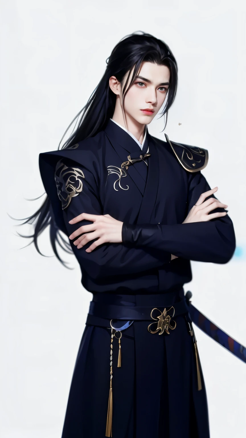 Wallpaper of boy wearing black clothes, Xianxia， The exquisite prince, Handsome guy in the art of slaying demons, Inspired by Bian Shoumin, author：Hero, swordsmen, inspired by Zhao Yuan, shirow masamune，Eye focus，详细的脸，Leather belt，white backgrounid，dynamicposes，（（Narrow sleeves）），swordsman，