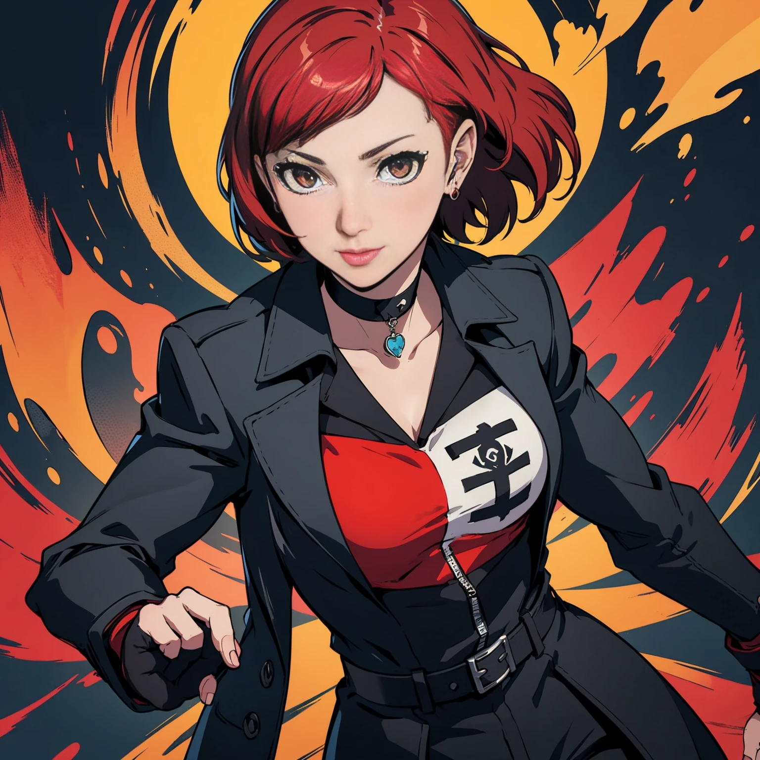 in the art style of persona 5, smal breast, delinquent, (sukeban), mature_female, blush, mature, older woman, 25 years old, Sukeban teacher outfit, (1girl, solo female, solo, solo focus)++++, choker, sukeban school teacher, sukeban school fighter, long_sleeves, open jacket, blue jacket, jean, light skin tone female, full body, jacket, biker jacket, tape, arm_support, gloves, red_gloves, bridal gauntlets, nail polish, boots, hioots, black_footwear, fighter outfit, full body, hourglass, mature face, cheeky smile, cheeky face, wrinkles, (red hair, short hair, bob cut, earrings, ear piercings), red eyeighting art, Martial arts, standing, fighting_stance, fight, fighting), extra colors, 2D, megapixel, perfectionism, accent lighting, full HD , (Masterpiece:1.2), (full-body-shot:1),(cowboy shot:1.2), (Highly detailed:1.2),(Detailed Face:1.2), Colorful, A detailed eye, (Detailed landscape:1.2), (natural lighting:1.2), ((sukeban school teacher)) by Vincent Di Fate: Aidyllery, Anamorphic Shot, rule of thirds, face by Artgerm and WLOP,