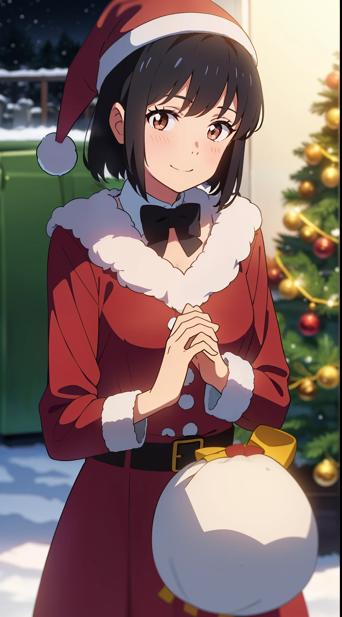 shinkai makoto, kimi no na wa., 1girl, 1boy, bangs, black hair, blush, bright eyes, brown eyes, red bow, red ribbon, short hair, shiny skin, smile, cute, beautiful, perfect hands, short sleeves, looking at the viewer, Santa Claus costume, Sweet face, red christmas dresses, warm light, snowflakes falling, steam, snow, christmas tree, outdoors, night, Night city, City of Snow