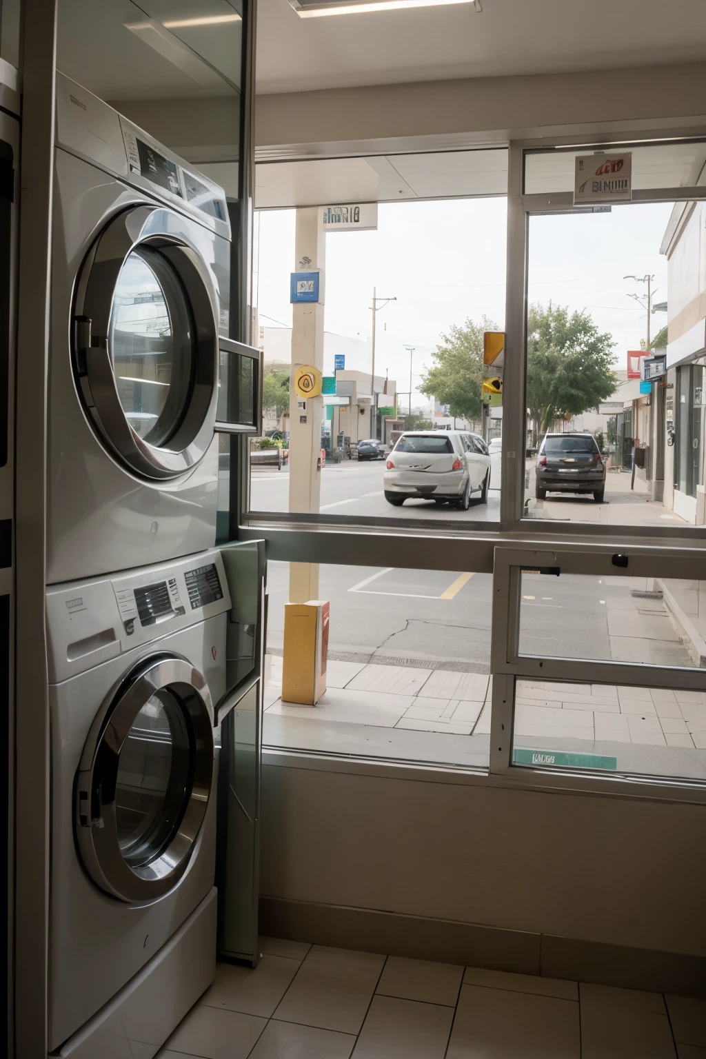 Looking in the window of a laundromat in the early morning at a strip mall