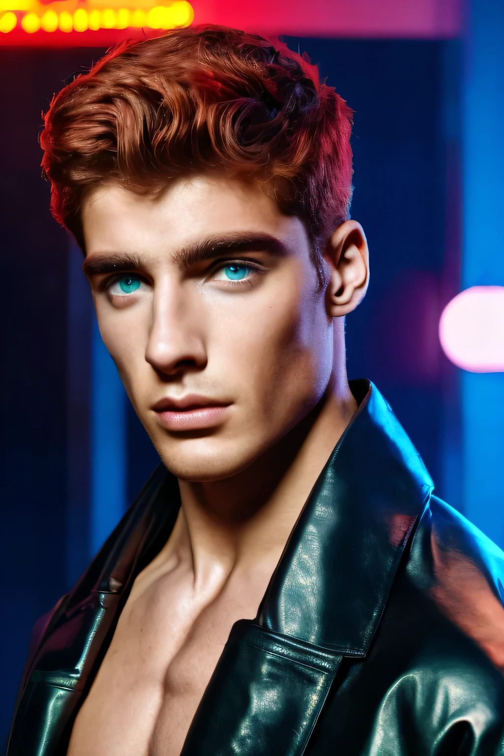 Retrato de un joven, Artistic portrait, Futuristic city, Neon lights, guapo supermodelo griego, Strong jaw, torso desnudo, cuerpo tonificado, Cara griega, handsome boy, chico supermodelo, Kinematic, perfection, Obra maestra, photo session, Pelo rojo , Pale skin, ojos verdes, chaqueta negra, cuero, focus on face, focus on the child, Cara iluminada