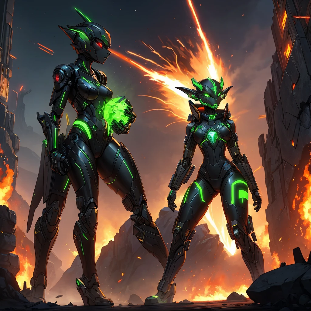 Female, kissing green black , furry, anthro, kobold, android, metallic, robotic, shiny, no clothes, small breasts, thin body, curved thighs, standing, battlefield, holding blaster gun, demonic, glowing eyes, explosions, fires, lightning, debri, science fiction, scifi, high quality, mastpiece, war, fighting, sexy, detailed,