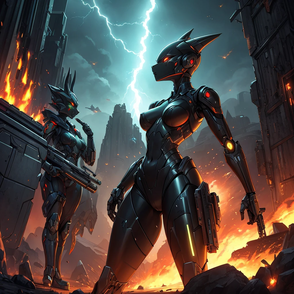 Female, kissing green black , furry, anthro, kobold, android, metallic, robotic, shiny, no clothes, small breasts, thin body, curved thighs, standing, battlefield, holding blaster gun, demonic, glowing eyes, explosions, fires, lightning, debri, science fiction, scifi, high quality, mastpiece, war, fighting, sexy, detailed,