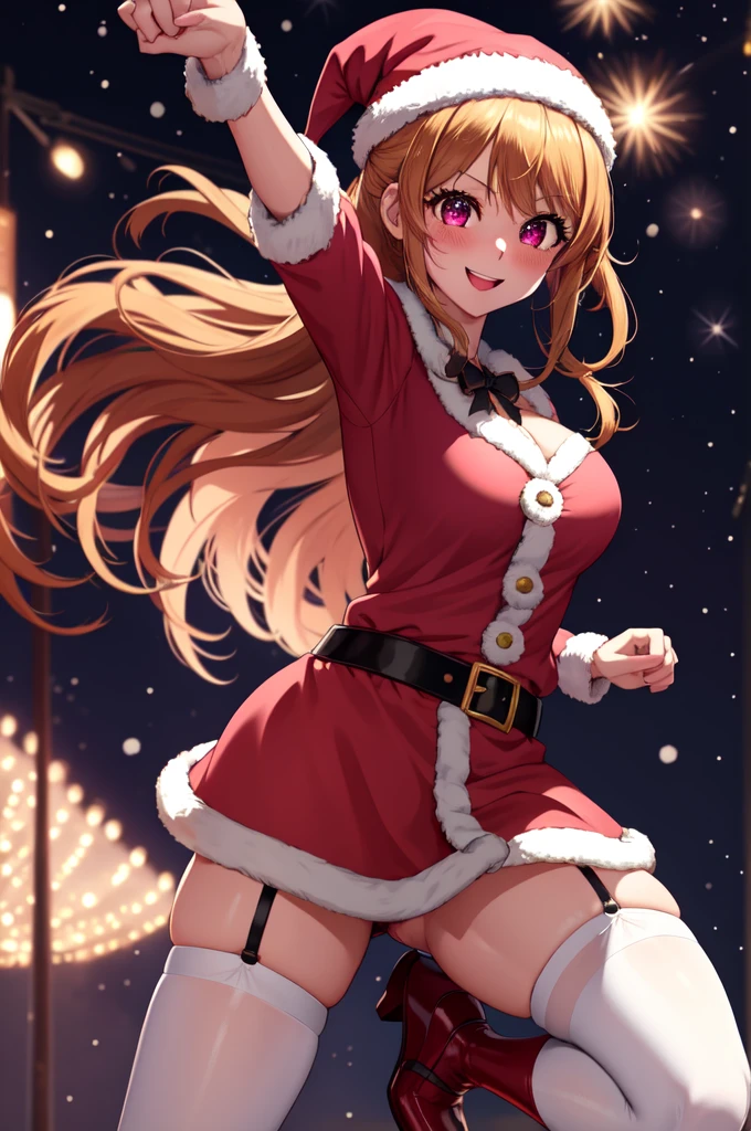 anime, beautiful face, highly detailed face, 2 accurate legs, pink detailed eyes, highly detailed background, perfect lighting, accurate arms, accurate hands, accurate fingers, full body, 1girl, solo, ruby hoshino, oshi no ko, female santa, sexy santa outfit, santa hat, heels, thighhighs, garter stockings, absurdres, high res, ultrasharp, 8K, masterpiece, looking at viewer (dancing pose:1.2), (full body:1.4), Christmas concert, Christmas performance, Christmas idol, performing, on stage, crowd in the background, dancing, smiling with compassion, mouth open smile, full of delight, blushed, cleavage, breast, leaning_forward, sntdrs