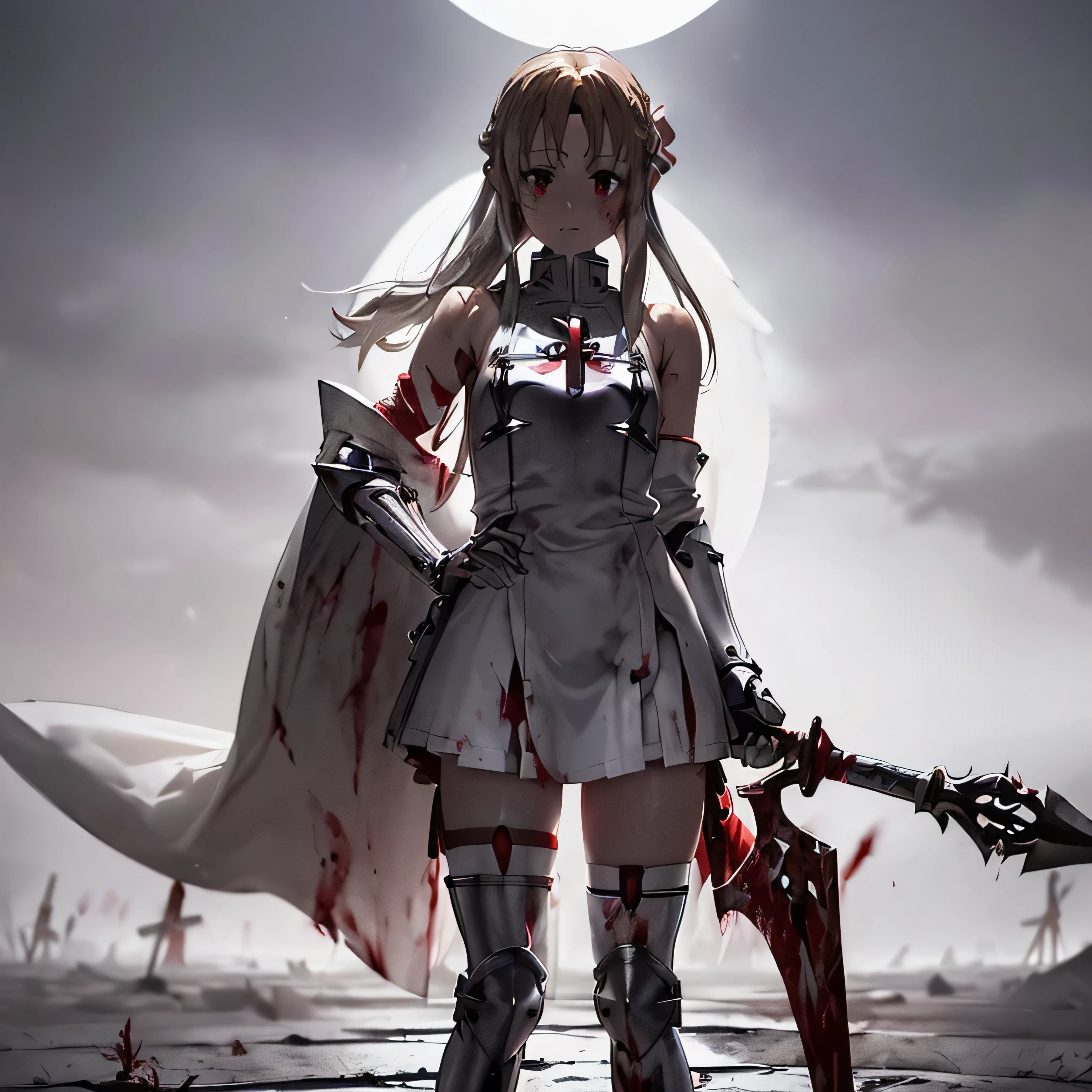 8k,(Asuna(sao): 1.6),one Girl, Solo,(perfect anatomy:1.43), (medium Hair:1.55) ,(Half Up:1.45),Bangs, Brown Eyes,Fine Eyes,(sad smile:1.3),white thighhighs,(Brown Hair:1.6),blood-soaked boots,(18 years old:1.5),Full Body,(fusion of bloody white silver full plate armor and blood-soaked long cape:1.63),(Bare Shoulders:1.5),(mini Skirt:1.26),(holding blood-soaked one rapier:1.43),(standing on moonlit night blood pool battlefield:1.52),Fantasy,(blood effect:1.53),pov,eye-level view,(drop shadow:1.21)