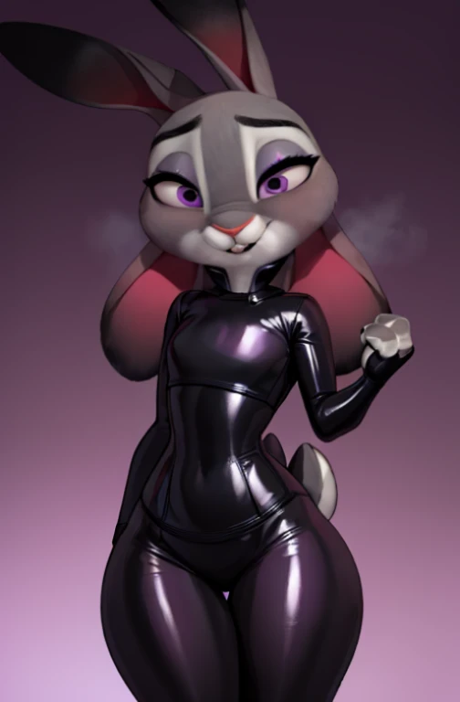 Judy hopps wearing tight black latex (bdsm). In dark purple dungeon, detailed bunny ears, detailed eyes.