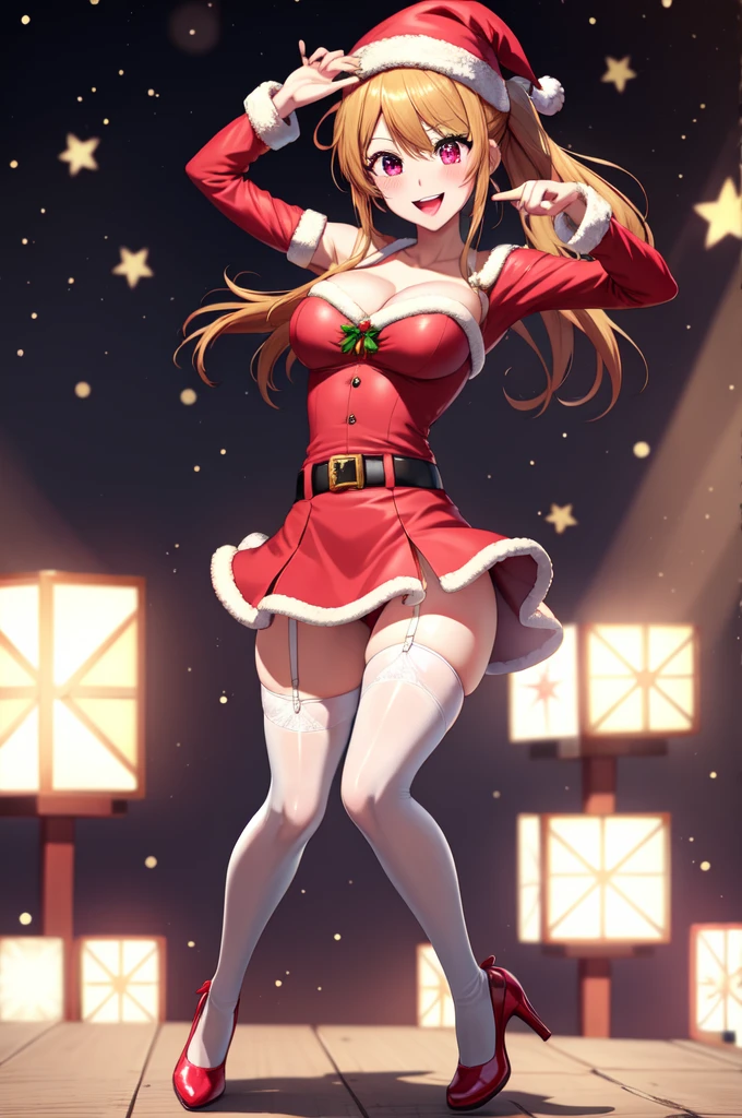 anime, beautiful face, highly detailed face, 2 accurate legs, pink detailed eyes, highly detailed background, perfect lighting, accurate arms, accurate hands, accurate fingers, full body, 1girl, solo, ruby hoshino, oshi no ko, female santa, sexy santa outfit, santa hat, heels, thighhighs, garter stockings, absurdres, high res, ultrasharp, 8K, masterpiece, looking at viewer (dancing pose:1.2), (full body:1.4), Christmas concert, Christmas idol, performing, on stage, crowd in the background, dancing, smiling with compassion, mouth open smile, full of delight, blushed, cleavage, breast, sntdrs