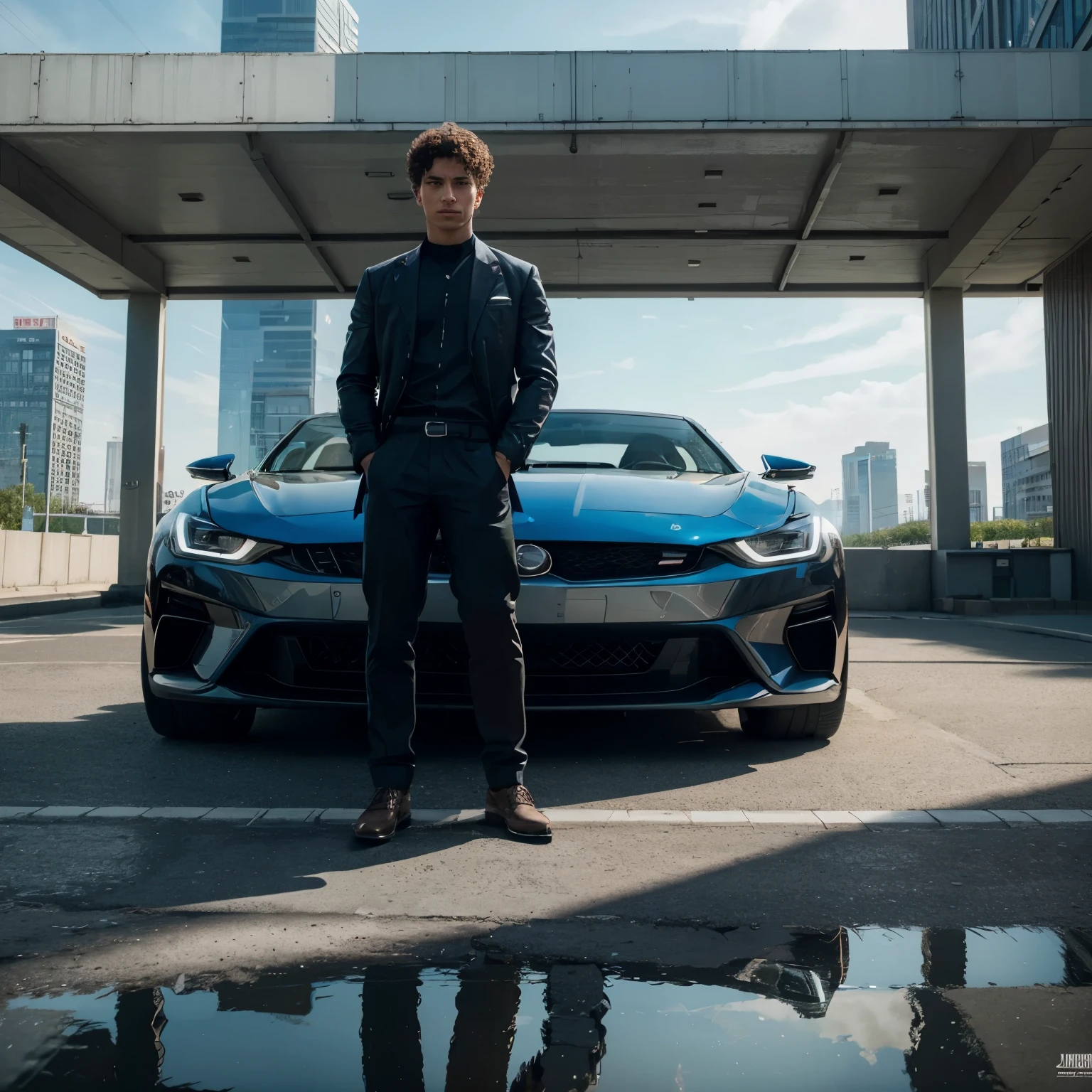 (best quality,4k,8k,highres,masterpiece:1.2),ultra-detailed,(realistic,photorealistic,photo-realistic:1.37),A boy standing in front of AG Company,car parked with KL AG 1130,clear blue skies,bright sunlight,professional,futuristic architecture,fashionable clothing,confident expression,expressive eyes,detailed facial features,curly hair,dynamic pose,modern cars passing by,cityscape in the background,reflective glass windows,shadows and highlights,crisp details,vivid colors,HDR,sharp focus,reflections on the car,concept artist,high-tech vibe.