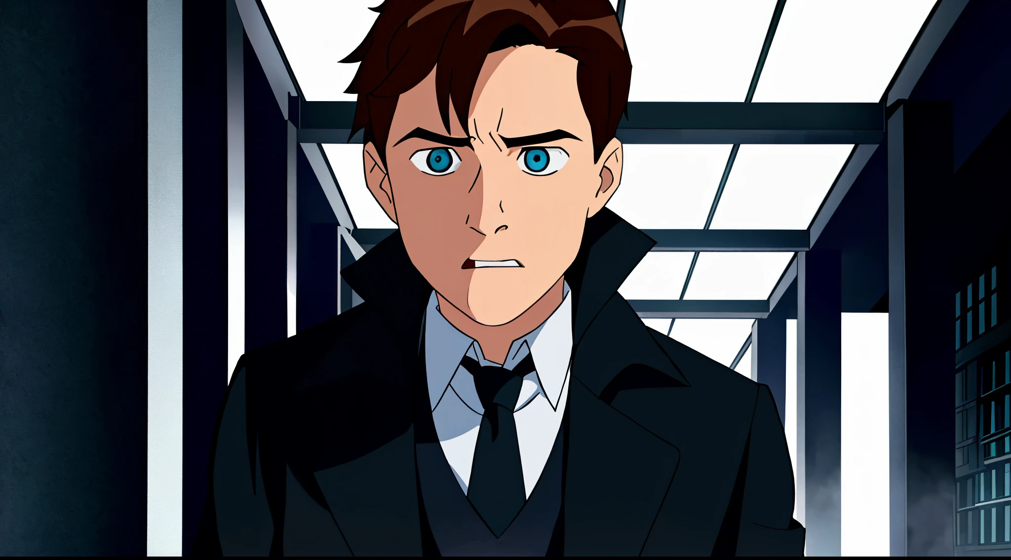 there is a boy in a black coat and tie standing in front of a bridge, harry, max dennison, movie screencap, harry potter movie screenshot, peter parker, similar to malfoy, ron, alejandro, opening scene, peter, he has a devastated expression, he has short curly brown hair, severus snape, alex,ben10, blue eyes