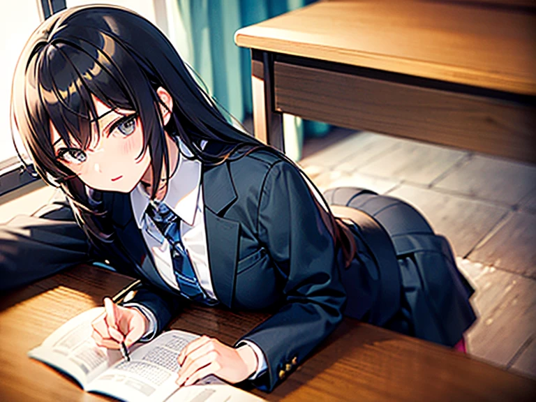 masterpiece, best quality, high quality, 1boy and 1girl BREAK 1boy, middle school student, school uniform, trousers, blue tie, yellow eyes, serious face, (hairstyle: straight), black hair, middle hair, hair over one eye, sleeping at the desk AND 1girl, (neko:1.1), maid, long brown hair, (grey eyes:1.2), sitting at desk