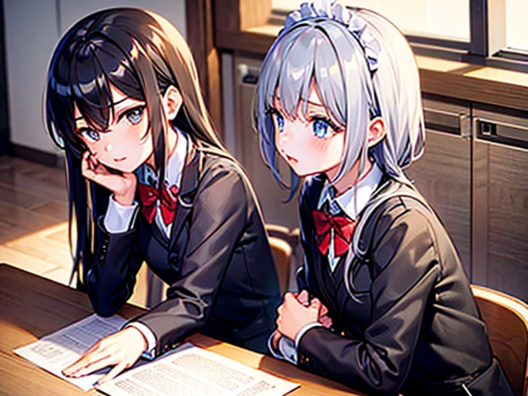 masterpiece, best quality, high quality, 1boy and 1girl BREAK 1boy, middle school student, school uniform, trousers, blue tie, yellow eyes, serious face, (hairstyle: straight), black hair, middle hair, hair over one eye, sleeping at the desk AND 1girl, (neko:1.1), maid, long brown hair, (grey eyes:1.2), sitting at desk
