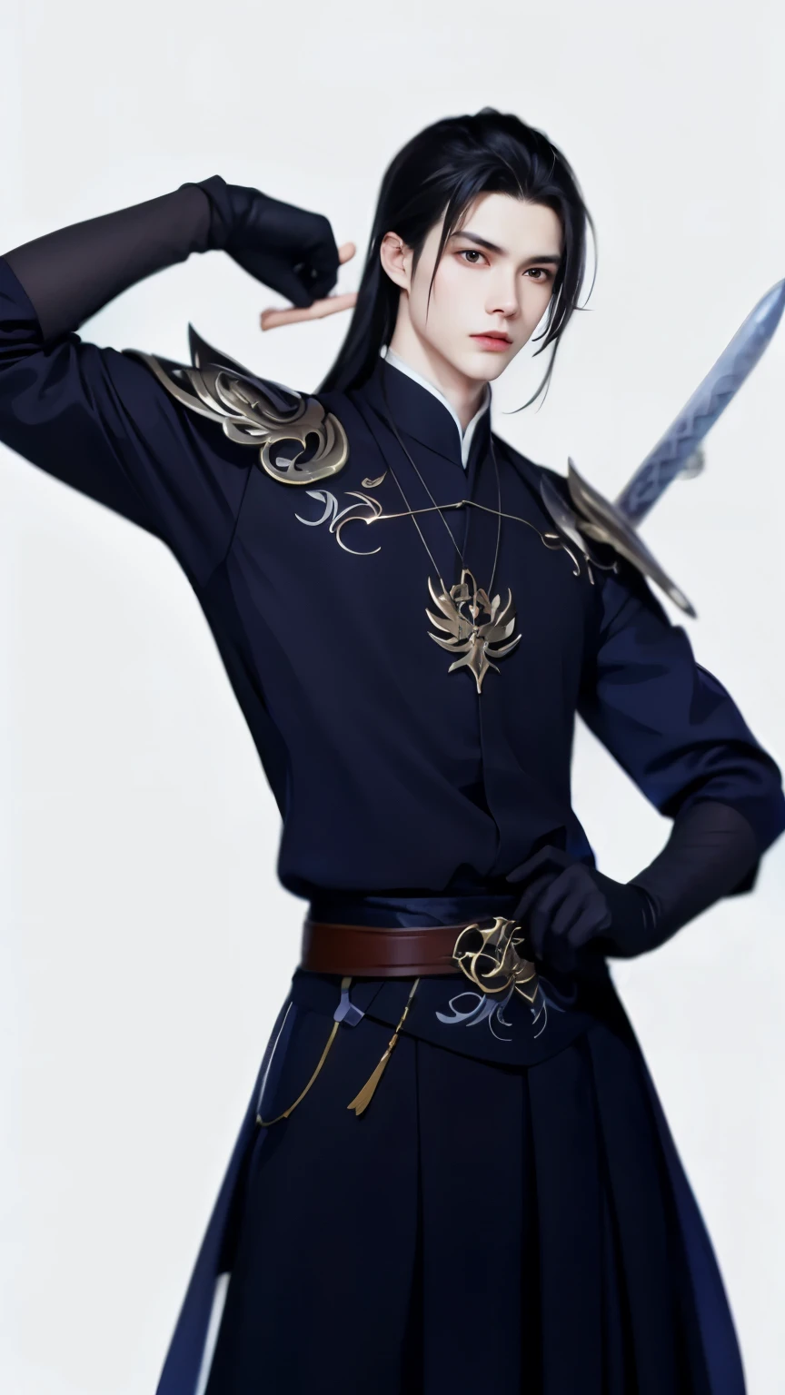 Wallpaper of boy wearing black clothes, Xianxia， The exquisite prince, Handsome guy in the art of slaying demons, Inspired by Bian Shoumin, author：Hero, swordsmen, inspired by Zhao Yuan, shirow masamune，Eye focus，详细的脸，Leather belt，white backgrounid，dynamicposes，（（Narrow sleeves）），Sword Man，knight-errant，swordsmen，