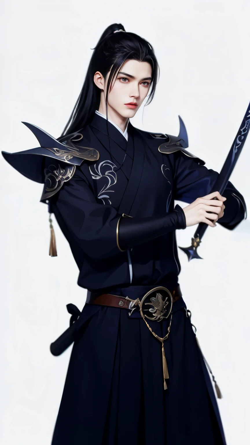 Wallpaper of boy wearing black clothes, Xianxia， The exquisite prince, Handsome guy in the art of slaying demons, Inspired by Bian Shoumin, author：Hero, swordsmen, inspired by Zhao Yuan, shirow masamune，Eye focus，详细的脸，Leather belt，white backgrounid，dynamicposes，（（Narrow sleeves）），Sword Man，knight-errant，swordsmen，