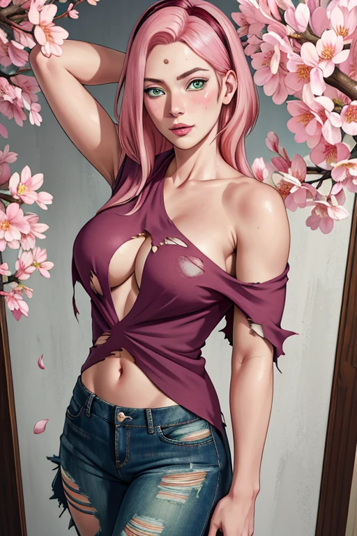 masterpiece, absurdres, sakura\(boruto\), 1girl, solo,mature female, (revealing torn clothes, torn clothes:1.3), looking at viewelling petals), perfect composition, detailed lips, big breast, beautiful face, body propotion, blush, (pink lips), long pink hair, hair over shoulder, Green-eyed, soft gaze, super realistic, detailed, photoshoot, realistic face and body, standing