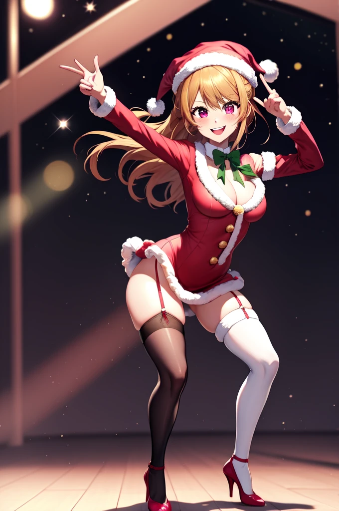 anime, beautiful face, highly detailed face, 2 accurate legs, pink detailed eyes, highly detailed background, perfect lighting, accurate arms, accurate hands, accurate fingers, full body, 1girl, solo, ruby hoshino, oshi no ko, female santa, sexy santa outfit, santa hat, heels, thighhighs, garter stockings, absurdres, high res, ultrasharp, 8K, masterpiece, looking at viewer (dancing pose:1.2), (full body:1.4), Christmas concert, Christmas idol, performing, on stage, crowd in the background, dancing, smiling with compassion, mouth open smile, full of delight, blushed, cleavage, breast, sntdrs