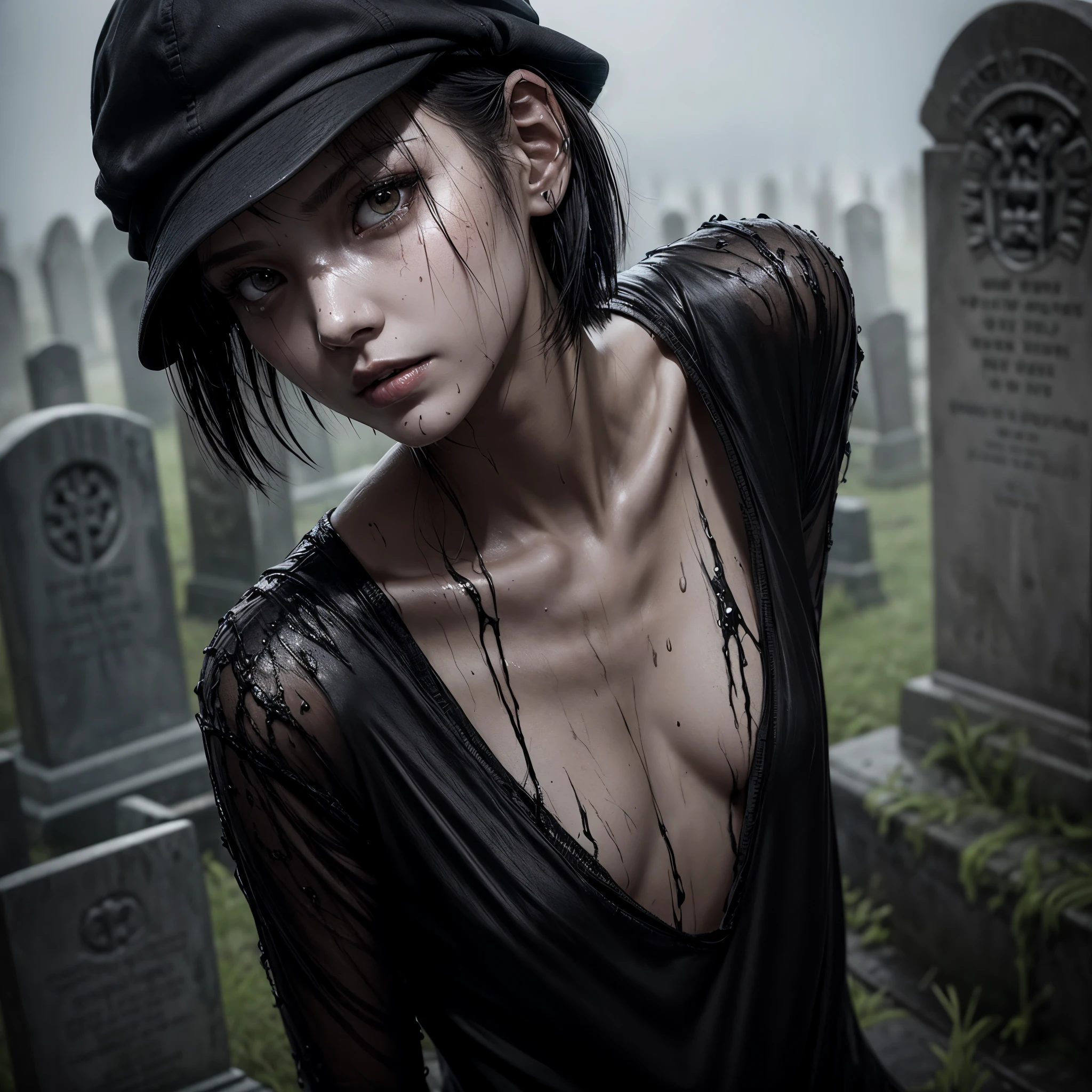 1 girl, solo, wet skin, sinister, female, thin, pale, looking at the camera, ultra realistic, fully detailed, cemetery environment, bright eyes, black shirt, putrid wounds, , terrifying, bruised by the body, exposed fracture in the collarbone, slight smile, super detailed, black short hair, black cap,