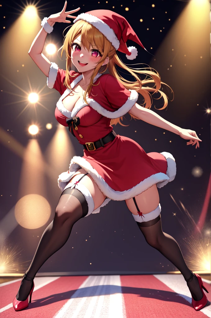anime, beautiful face, highly detailed face, 2 accurate legs, pink detailed eyes, highly detailed background, perfect lighting, accurate arms, accurate hands, accurate fingers, full body, 1girl, solo, ruby hoshino, oshi no ko, female santa, sexy santa outfit, santa hat, heels, thighhighs, garter stockings, absurdres, high res, ultrasharp, 8K, masterpiece, looking at viewer (dancing pose:1.2), (full body:1.4), Christmas concert, Christmas idol, performing, on stage, crowd in the background, dancing, smiling with compassion, mouth open smile, full of delight, blushed, cleavage, breast, sntdrs