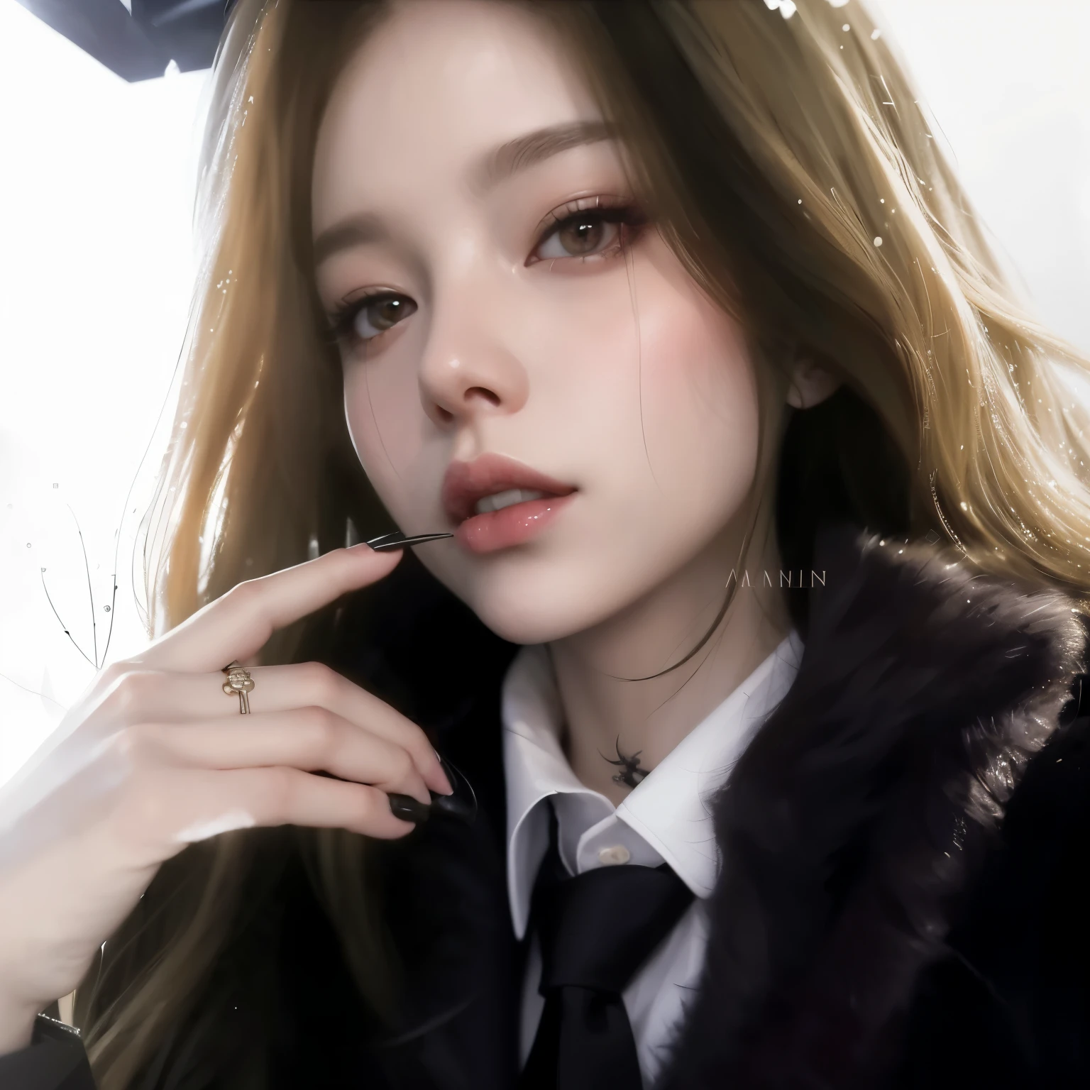 there is a woman with long blonde hair wearing a black coat and tie, artwork in the style of guweiz, realistic artstyle, in the art style of bowater, realistic anime artstyle, realism artstyle, portrait of jossi of blackpink, [ 4 k digital art ]!!, guweiz, inspired by Yanjun Cheng, anime realism style