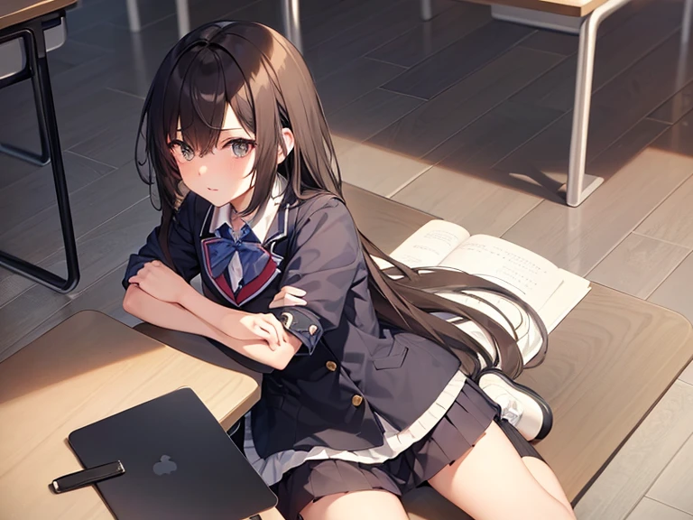 masterpiece, best quality, high quality, several people BREAK 1boy, , school uniform, trousers, blue tie, yellow eyes, serious face, (hairstyle: straight), black hair, middle hair, hair over one eye, sleeping at the desk BREAK 1girl, (neko:1.1), maid, long brown hair, (grey eyes:1.1), sitting at desk