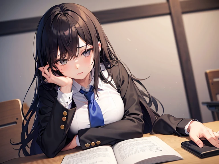 masterpiece, best quality, high quality, several people BREAK 1boy, middle school student, school uniform, trousers, blue tie, yellow eyes, serious face, (hairstyle: straight), black hair, middle hair, hair over one eye, sleeping at the desk BREAK 1girl, (neko:1.1), maid, long brown hair, (grey eyes:1.1), sitting at desk