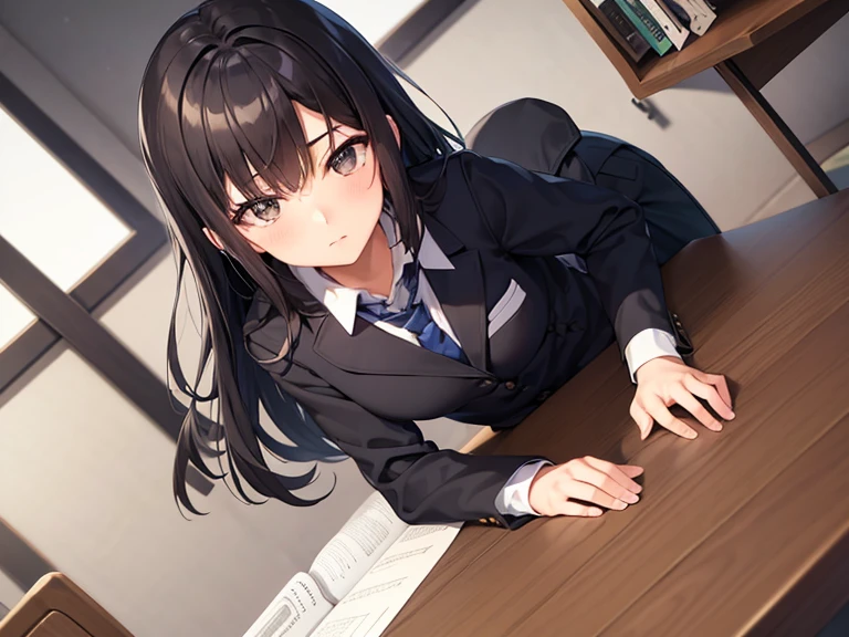 masterpiece, best quality, high quality, several people BREAK 1boy, middle school student, school uniform, trousers, blue tie, yellow eyes, serious face, (hairstyle: straight), black hair, middle hair, hair over one eye, sleeping at the desk BREAK 1girl, (neko:1.1), maid, long brown hair, (grey eyes:1.1), sitting at desk